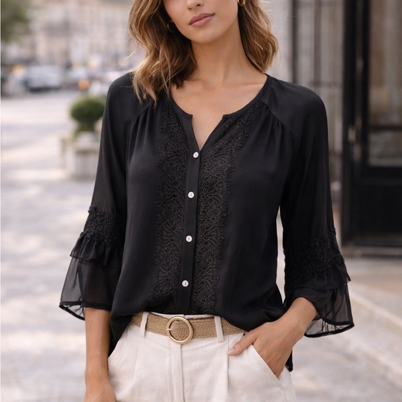 Diane Von Furstenberg Silk Blouse Lace Trim Sheer Sleeve Black Size 10 - Picture 2 of 11